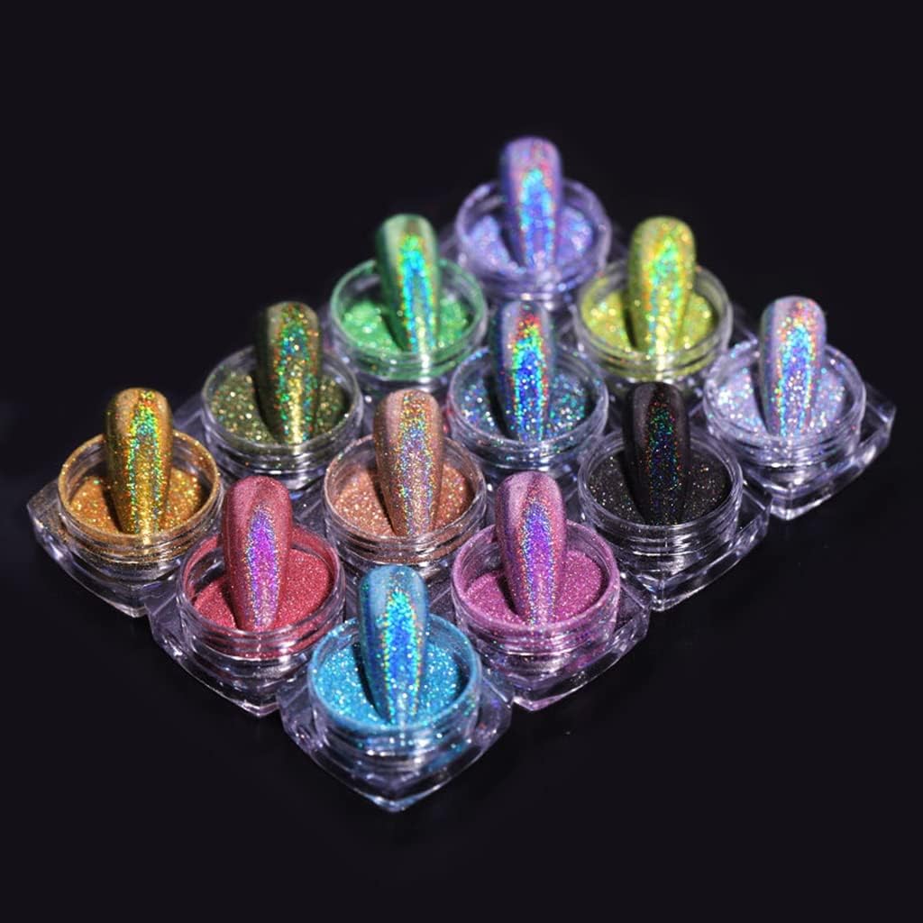 12 Colors Chrome Nail Powder Kit, Chrome Powder for Gel Nails Metallic Mirror Effect Holographic Nail Powder Pigment Nail Art Supplies with 12 Pcs Dual Sides Sponge Applicators